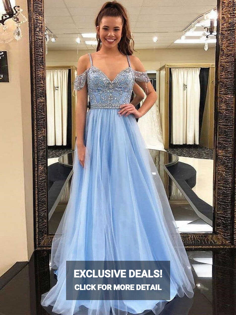 Blue Formal Sweet 16 Graduation Long Tulle Prom Dress with ...