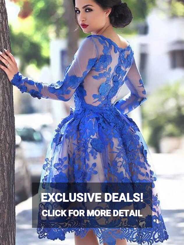 Blue Lace Long Sleeves Knee Length Short Prom Dresses, Knee Length ...