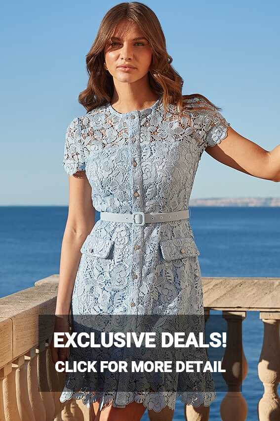 Blue Lace Ruffle Hem Dress With Embellished Buttons