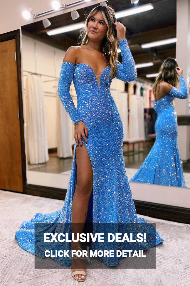 Blue Mermaid Sequin Prom Dress with Long Sleeve, Slit, and ...