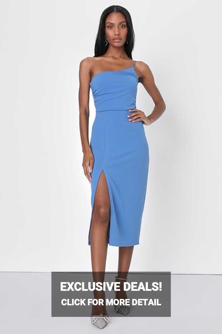 Blue Midi Dress - Sexy One-Shoulder Dress - Midi Cocktail Dress ...