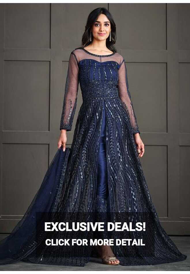 Blue Net Wedding Indian Pakistani Long Gown Anarkali Suit ...