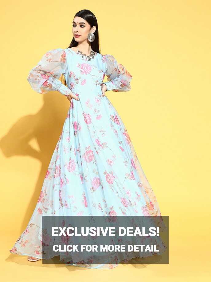 Blue Nylon Partywear Floral Dresses - Inddus.com