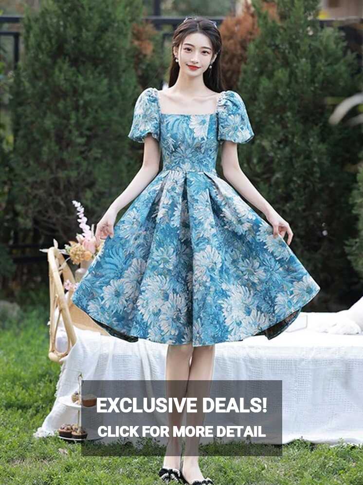 Blue Oil Painting Printing Short Party Dress French Square Collar ...