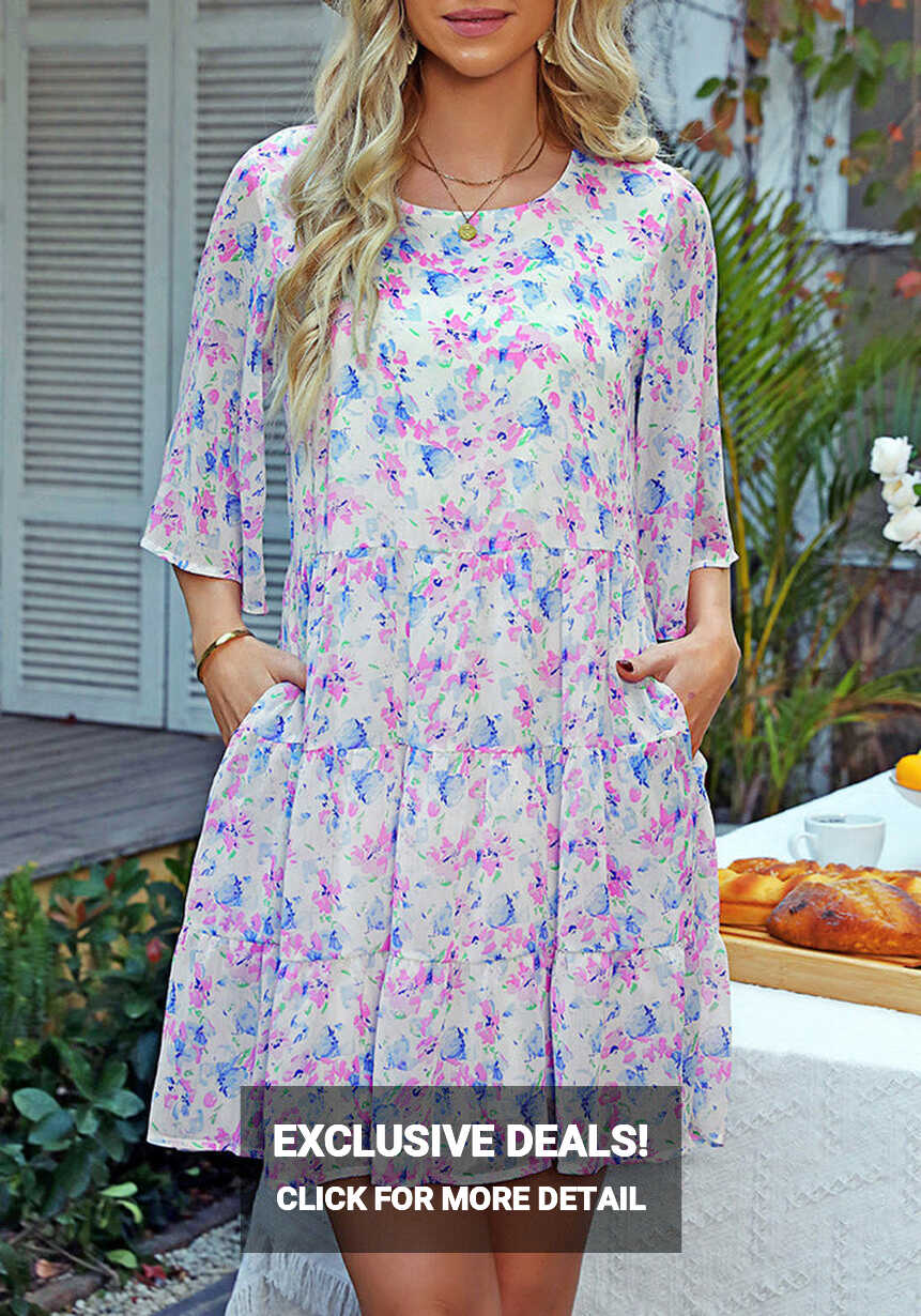 Blue Pink Floral Floral Babydoll Dress for Women Chiffon Cute ...