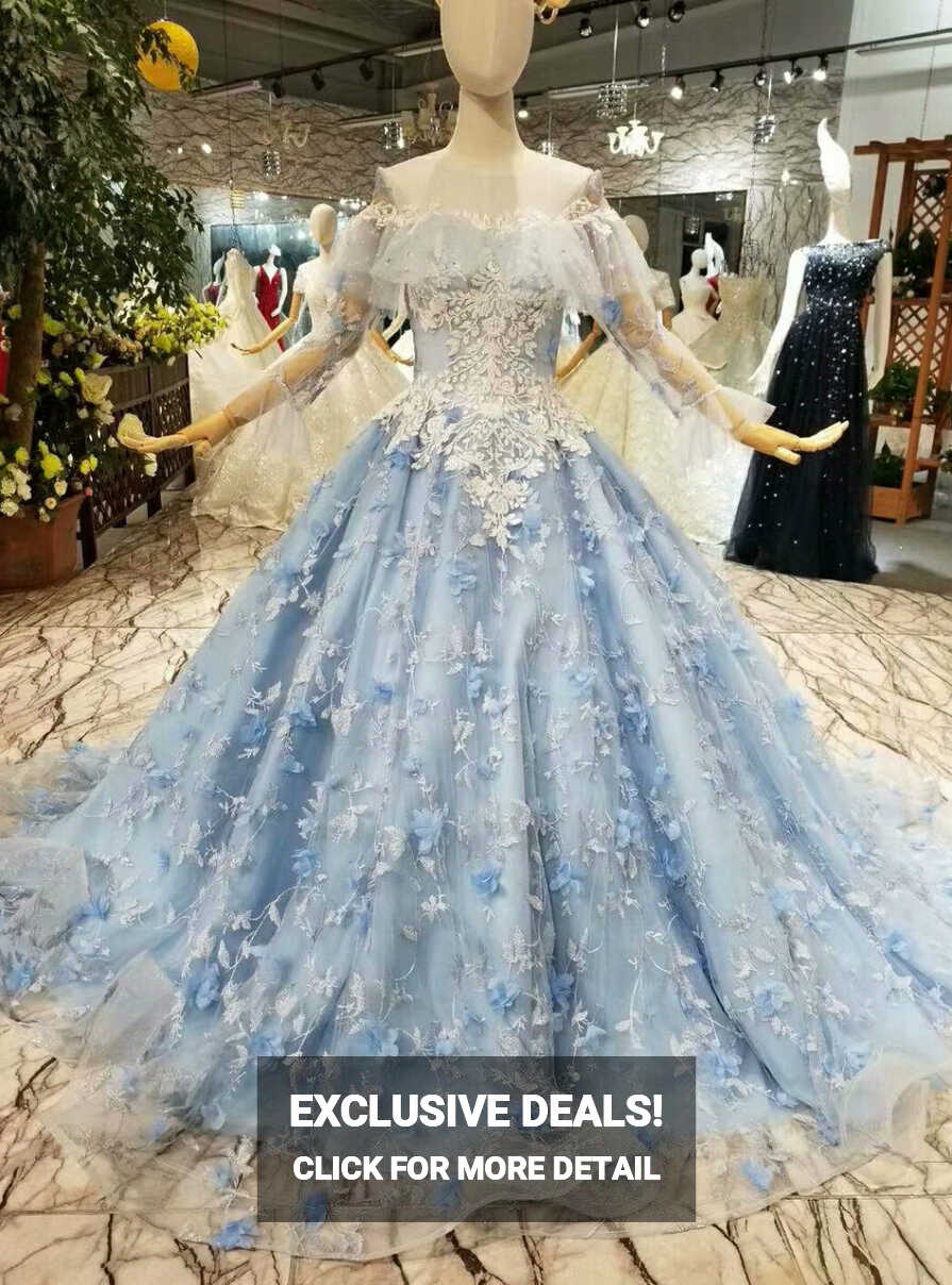 Blue Princess Ball Gown Tulle Appliques Long Sleeve Wedding Dress