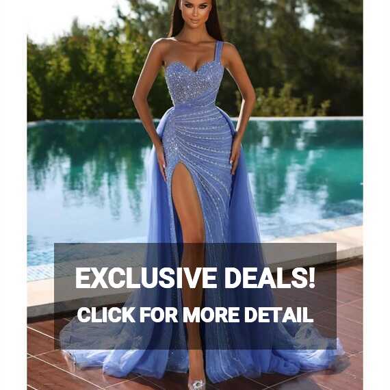 Blue Prom Dress Sleeveless V Neck One Shoulder Sequins Detachable ...