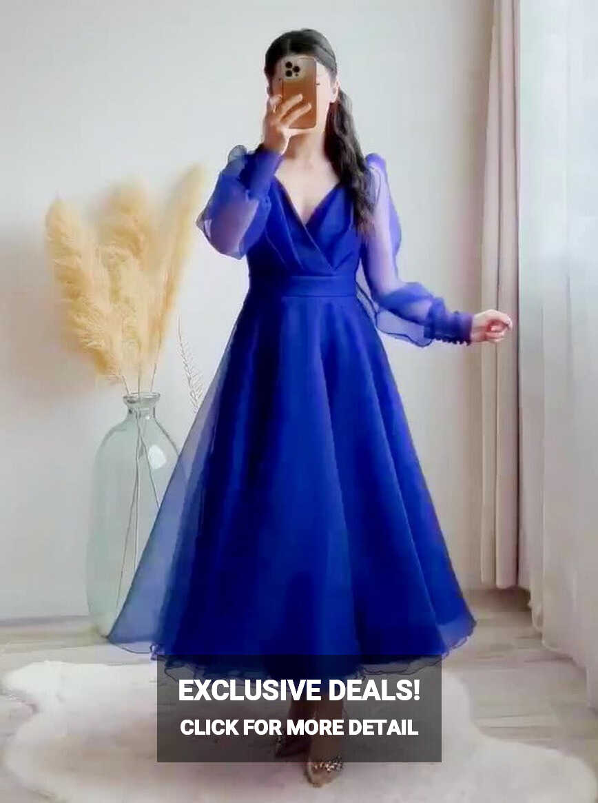 Blue Prom Dresses V-Neck Puffy Sleeves A-Line Evening Gown f