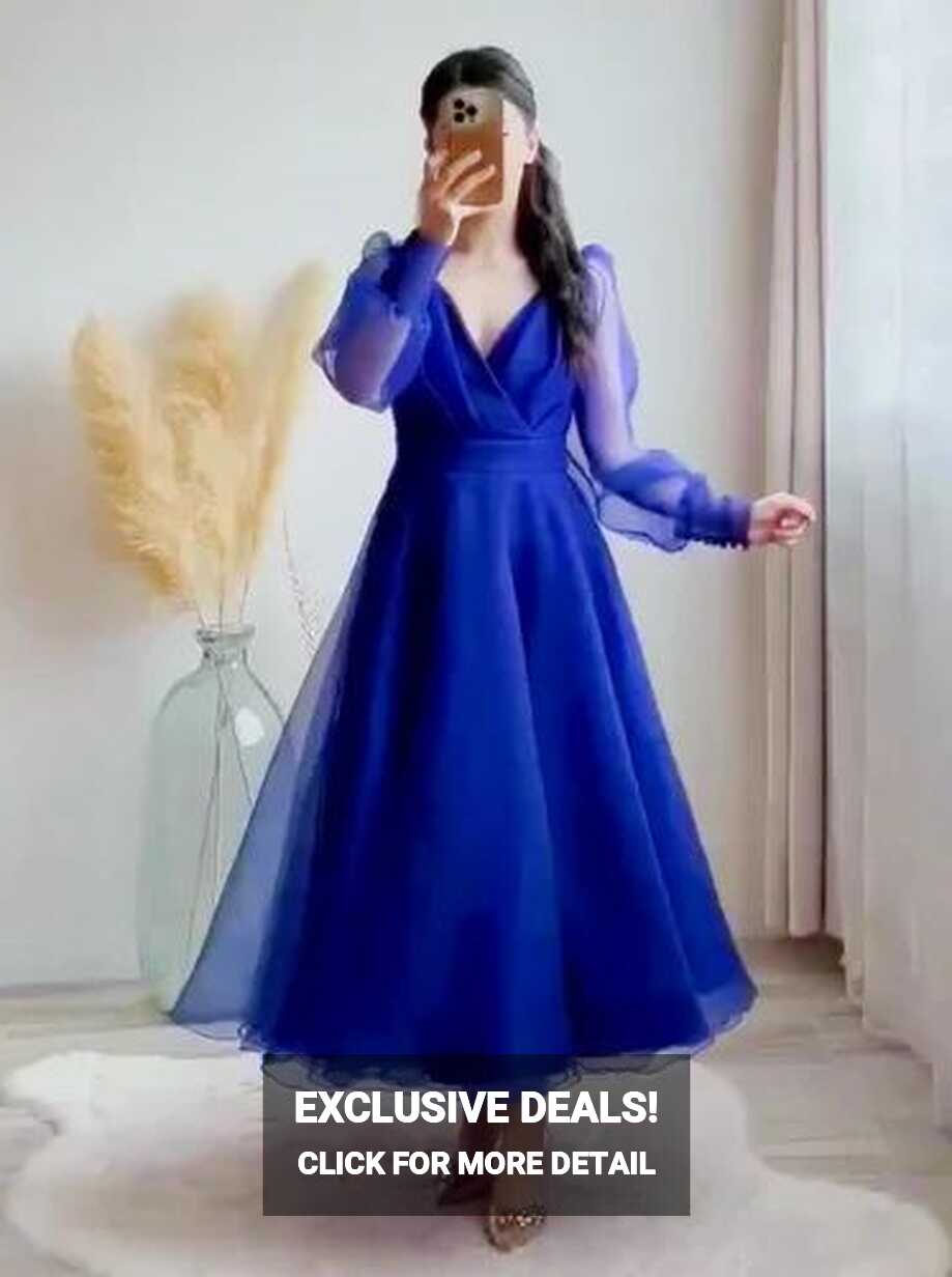 Blue Prom Dresses V-neck Puffy Sleeves A-line Evening Gown For ...