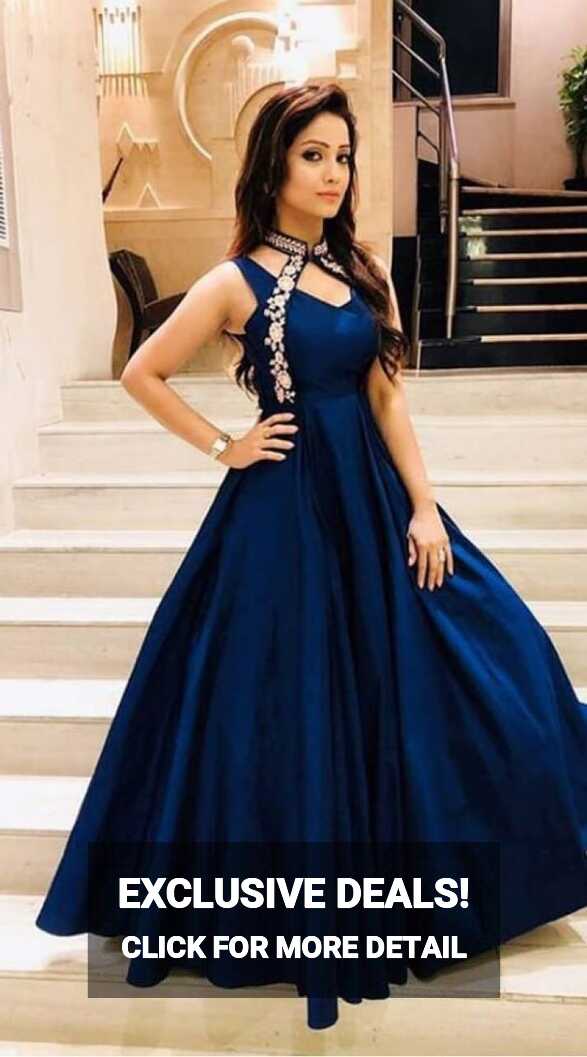 Blue Satin Bollywood Style Band Collar Gown