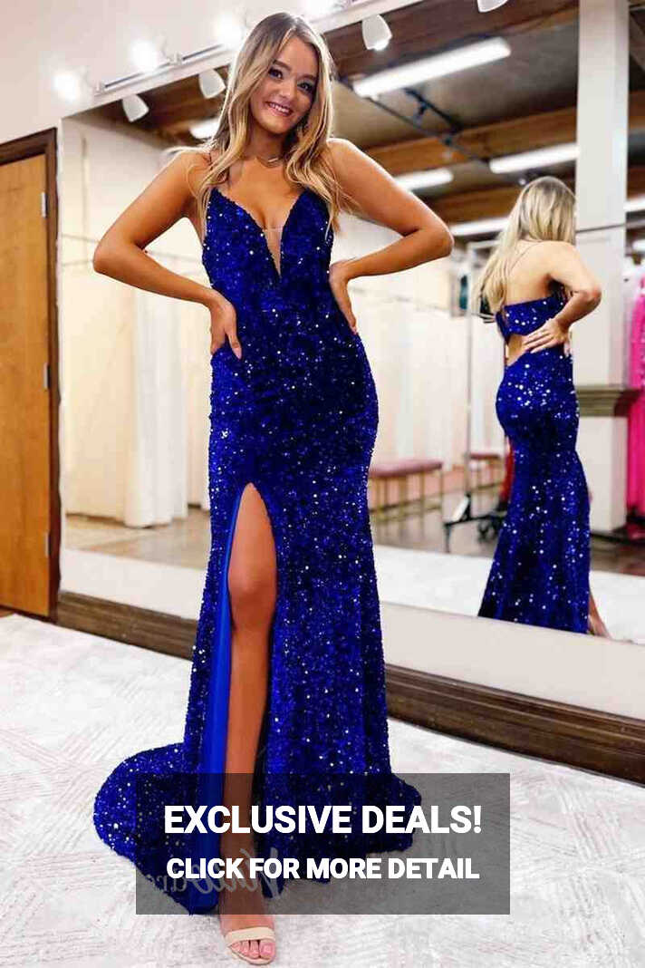 Blue Sequin Prom Dresses with Slit Mermaid Spaghetti Strap Evening ...