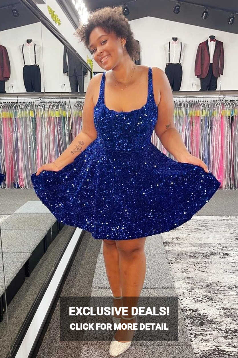 Blue Sequin Scoop Neck A-Line Short Party Dress – Modsele