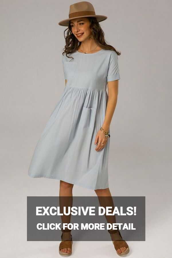 Blue Short Sleeve Round Neck Knee Length Dress With Pockets