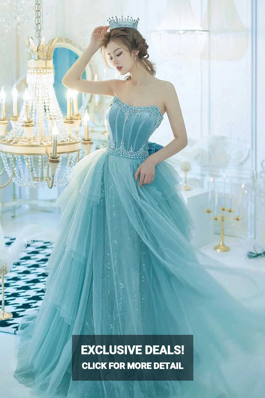 Blue Strapless Tulle Long Prom Dress, Beautiful Princess Dress with Bo