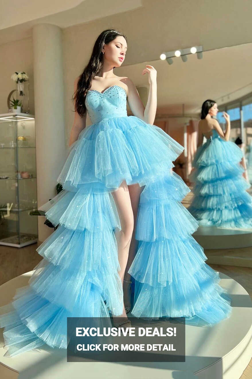 Blue Sweetheart Neck Tulle Long Prom Dress, Beautiful A-Line High Low