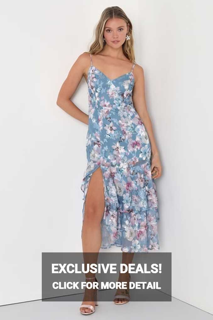 Blue Tiered Midi Dress - Floral Jacquard Dress - Tie-Back Dress ...