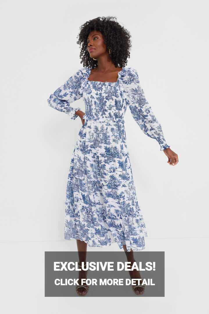 Blue Toile Long Sleeve Georgina Midi Dress | Hyacinth House