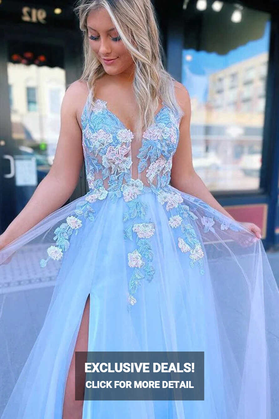 Blue Tulle A-line V-neck Lace Flowers Prom Dresses MP720 | Musebridals