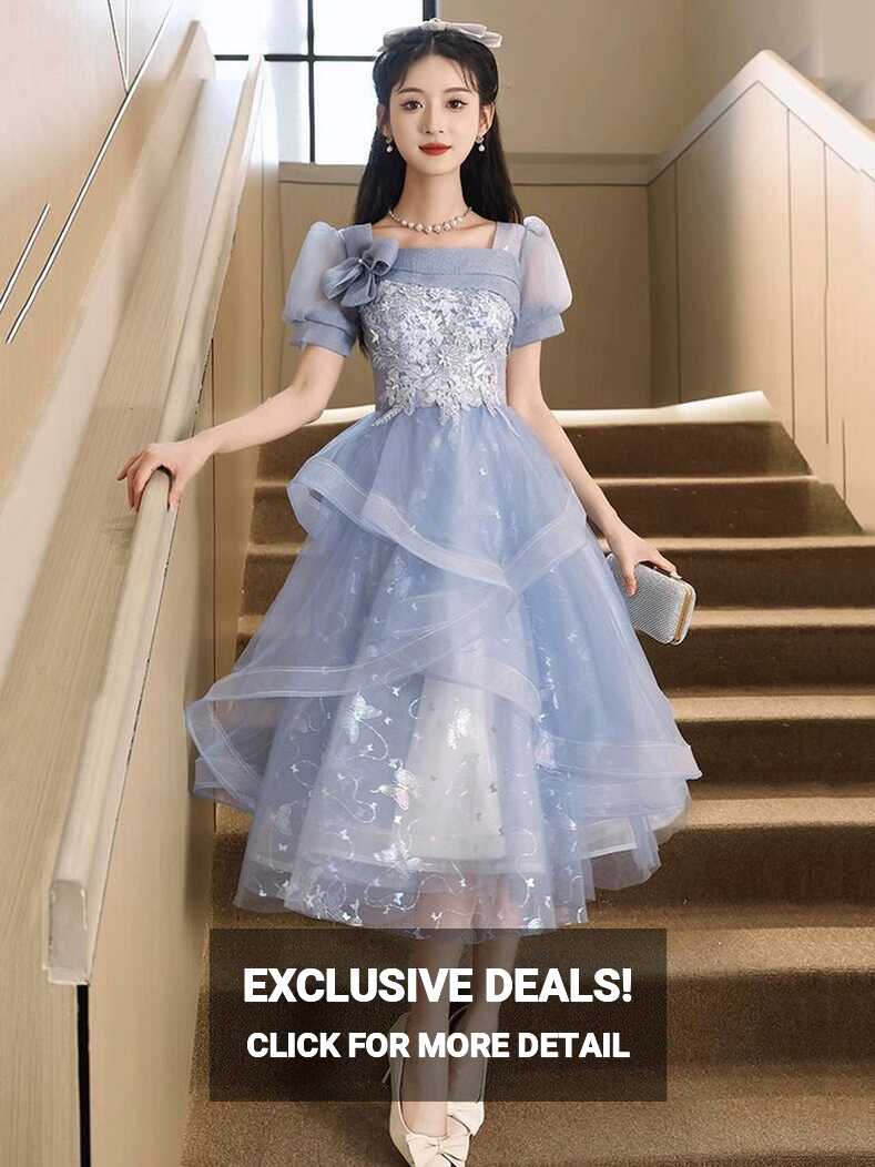 Blue Tulle Knee Length with Lace Party Dress, Blue Short Sleeve ...