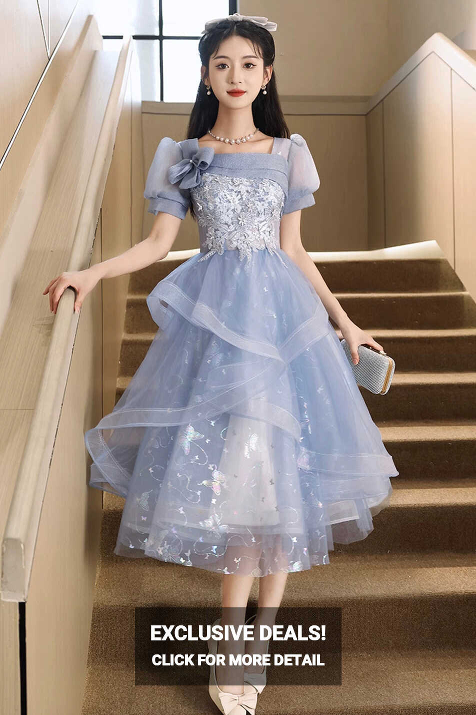 Blue Tulle Lace Knee Length Prom Dress, Cute Short Sleeve Evening Part