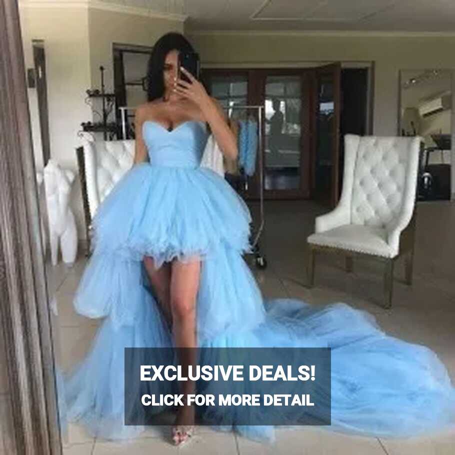 Blue Tulle Strapless Short Front Long Back Prom Dress - Xdressy