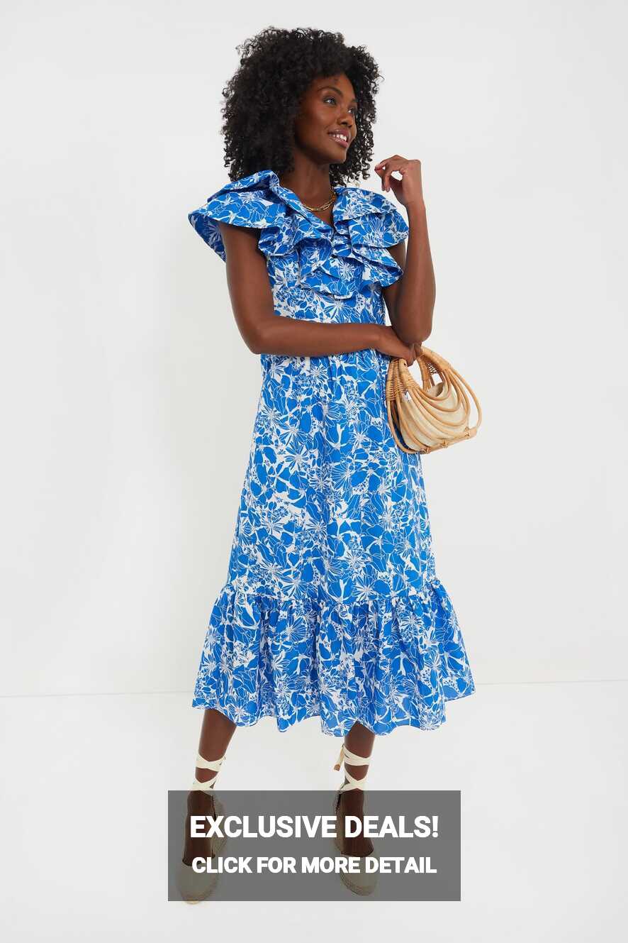 Blue and White Floral Beaufort Midi Dress | Hyacinth House