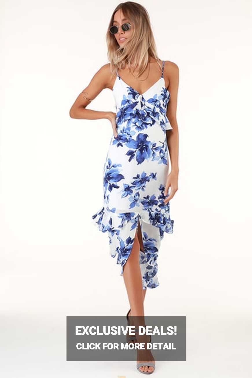 Blue and White Floral Print Dress - Midi Dress - Ruffled Dress - Lulus