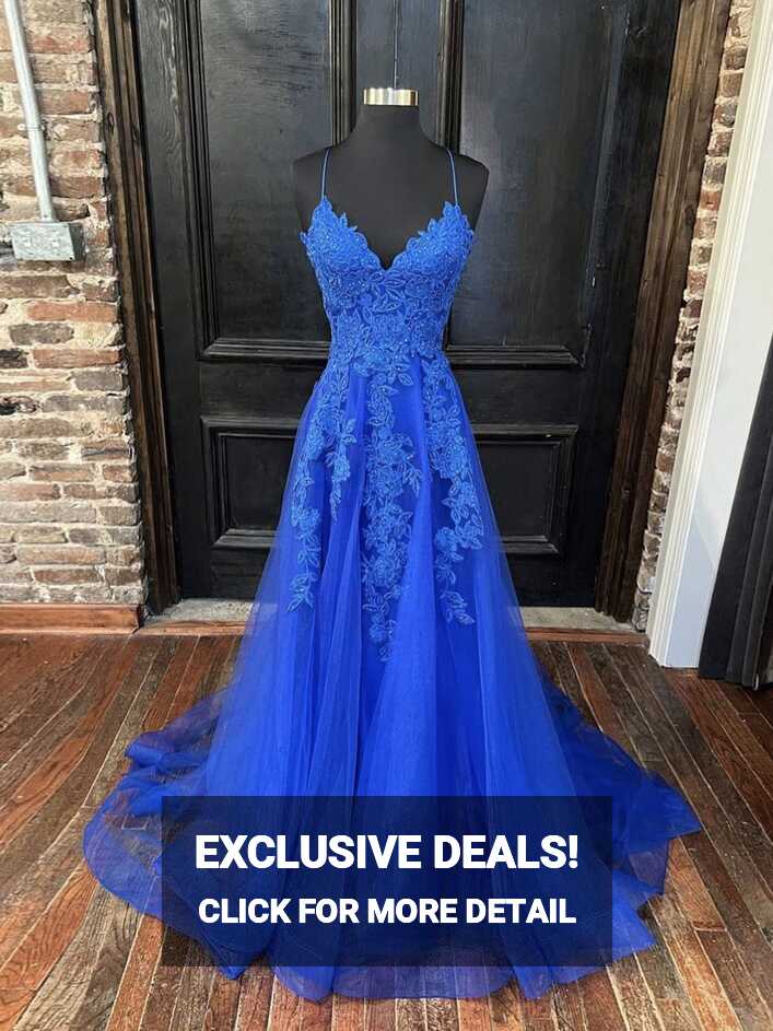 Blue v neck tulle lace long prom dress, blue tulle evening dress ...