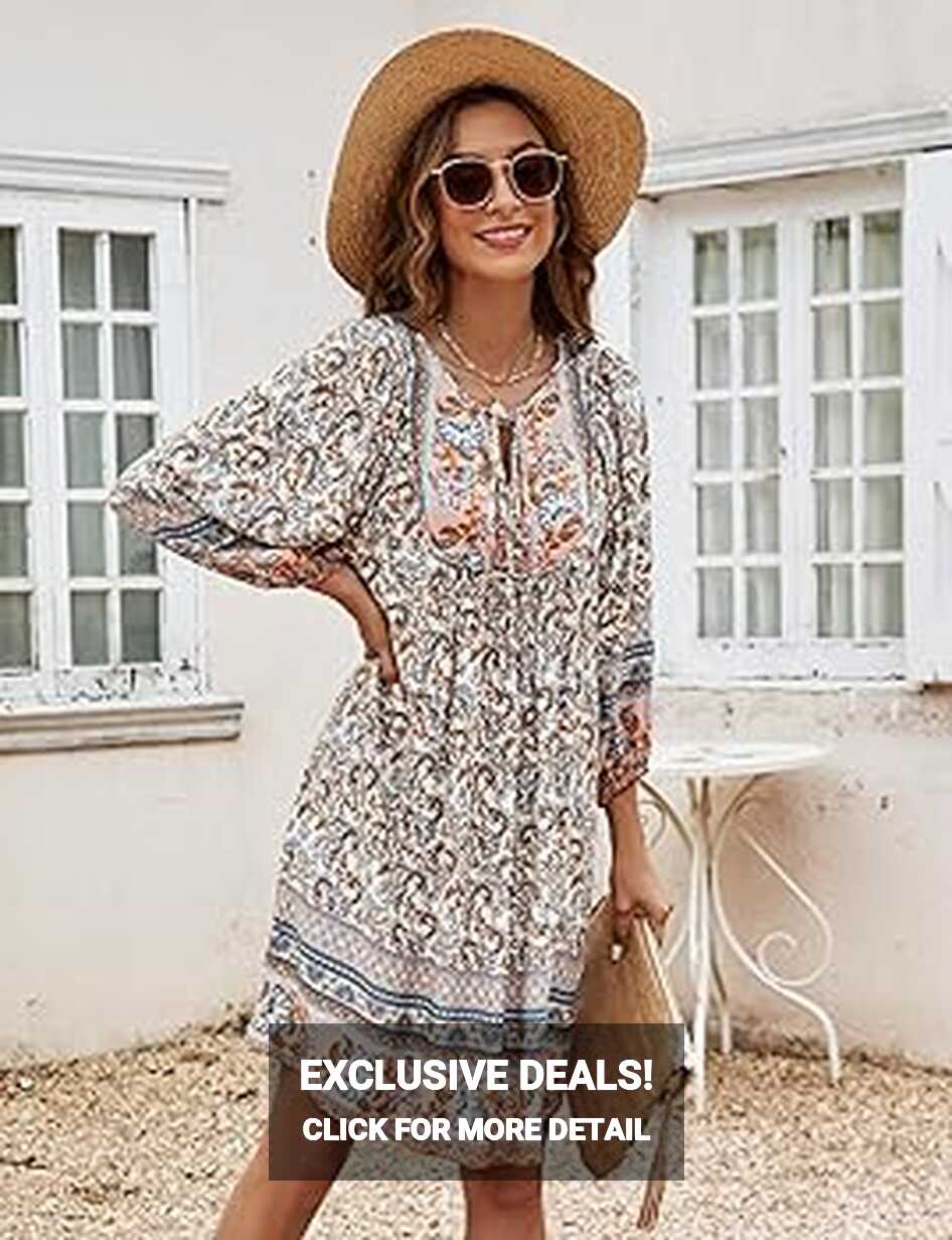 Bluetime Women Casual Beach Cover up Loose A-Line Boho Dresses V ...