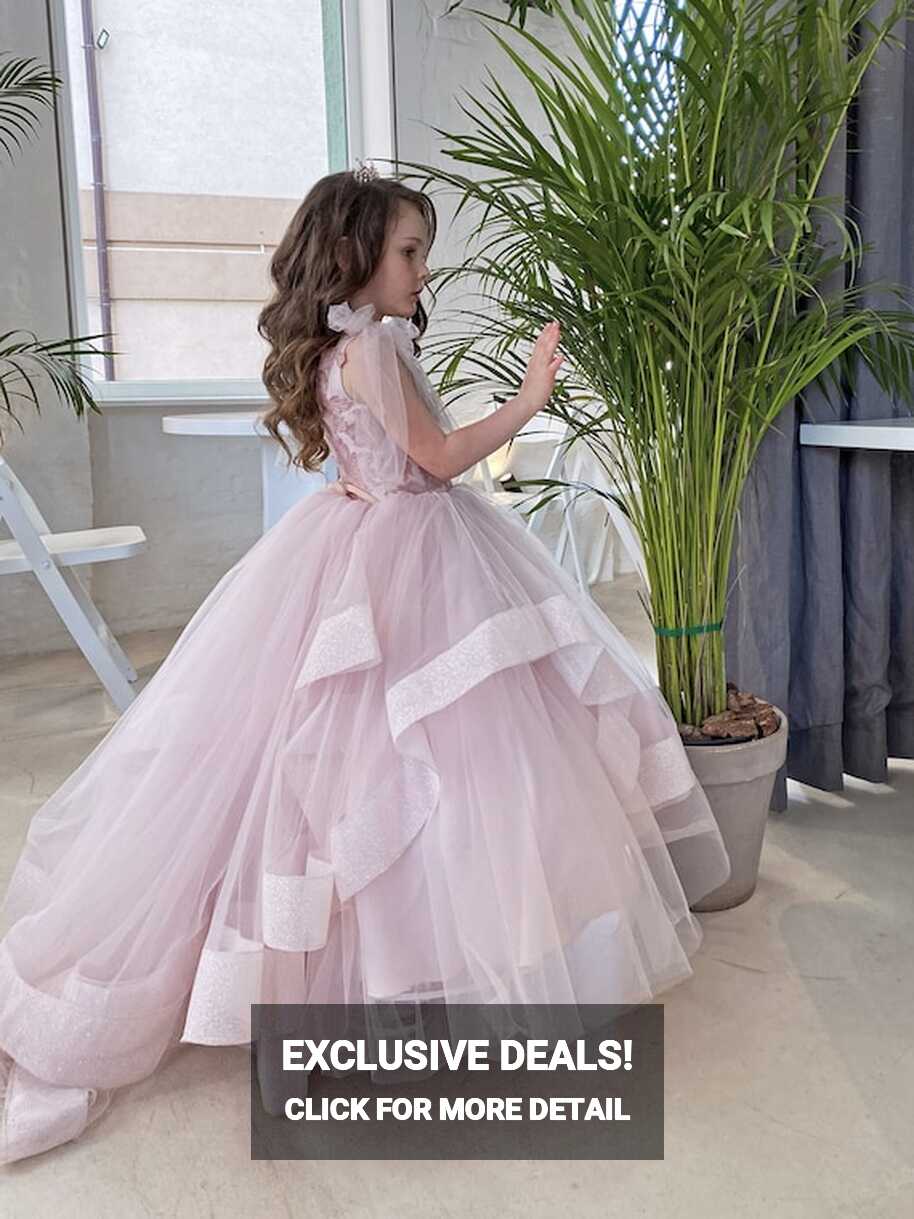 Blush Pink Glitter Tulle Flower Girl Dress With Bow on Buttons for ...