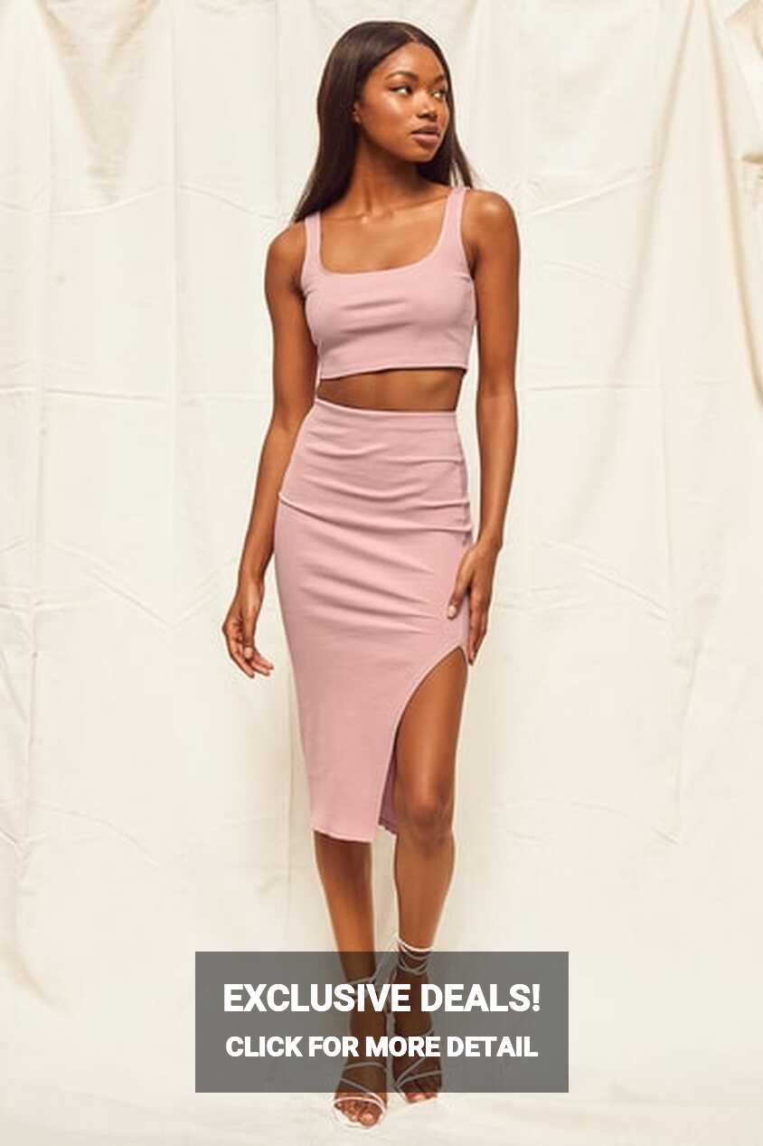 Blush Pink Two-Piece Dress - Ribbed Bodycon 2-Piece Dress - Set ...