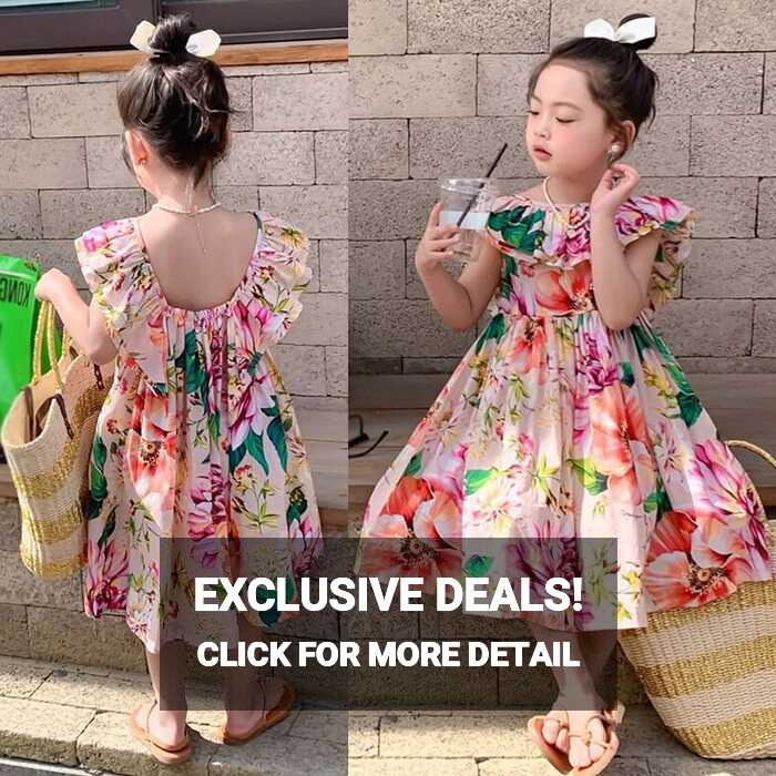 Boboramall Party Dress Summer Girls Floral Print Waist Puffy Dress ...