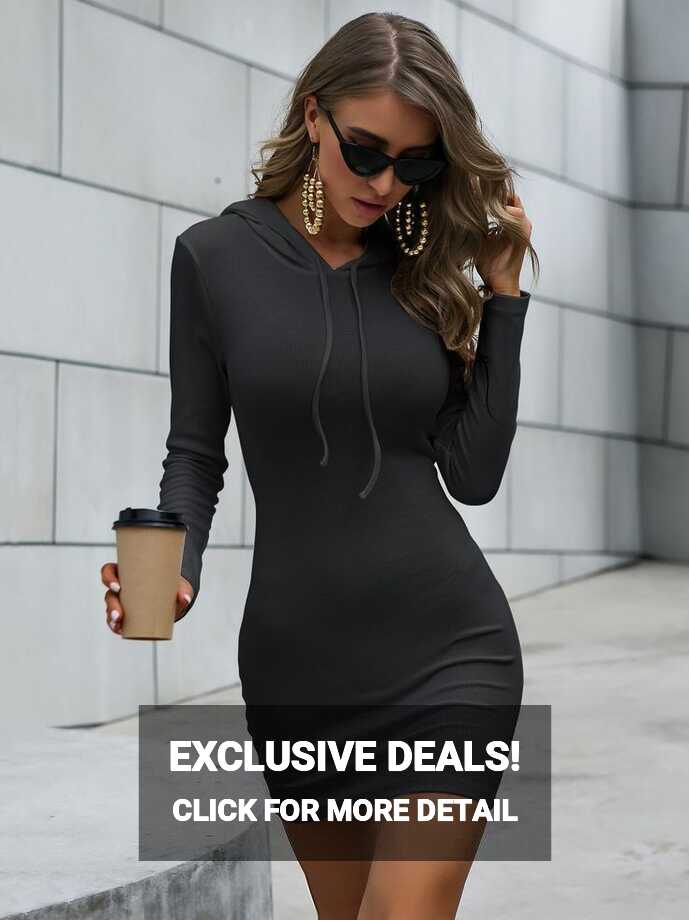 Bodycon Dress For Women Black Hooded Long Sleeves Knee Length ...