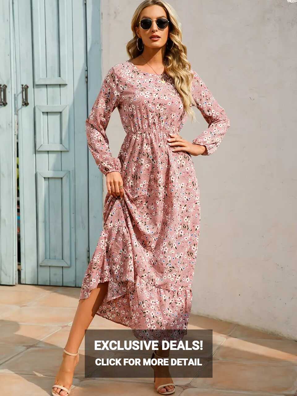 Bohemian Flowy Ruffle Long Dress Casual Floral Print Long - Temu