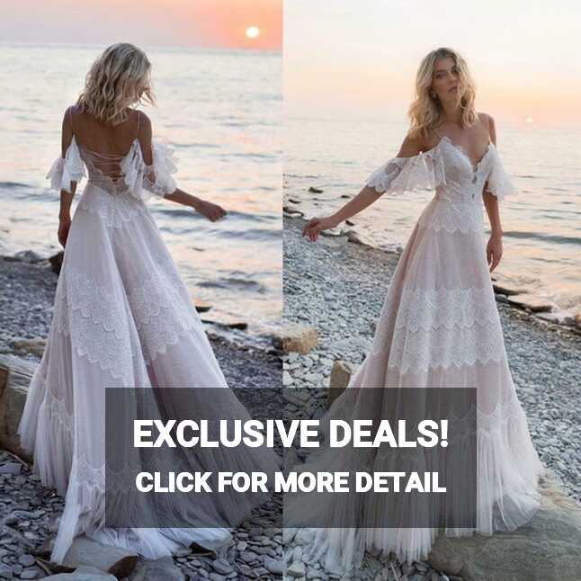 Bohemian Lace Wedding Dresses V Neck Short Sleeves Beach Boho ...