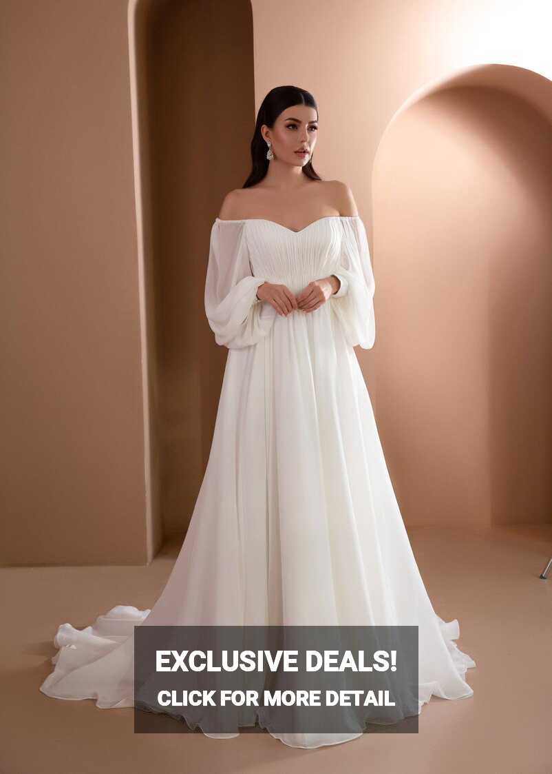 Boho A Line Chiffon Wedding Dress with Long Off Shoulder – AmberBride