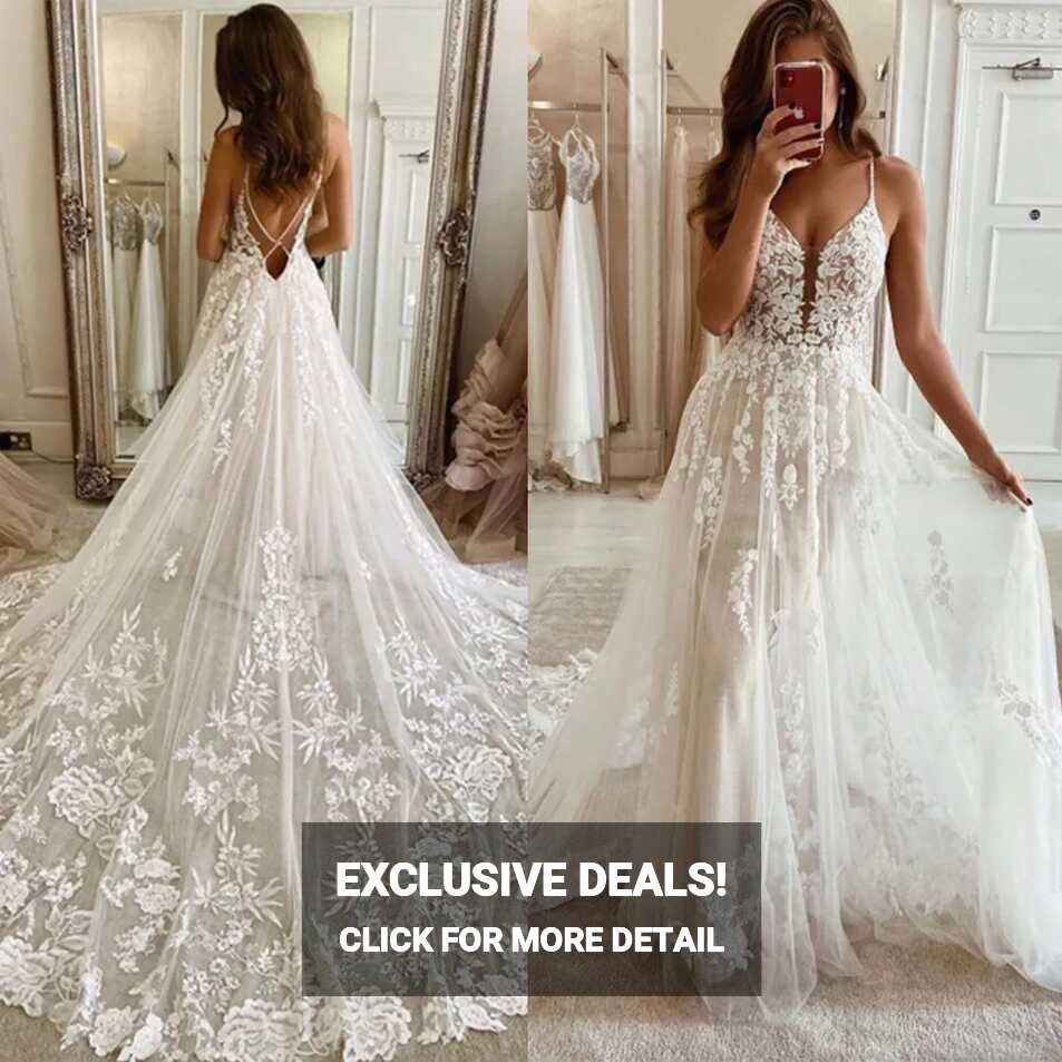 Boho A-Line Wedding Dresses Lace Appliques Spaghetti Straps V-Neck ...