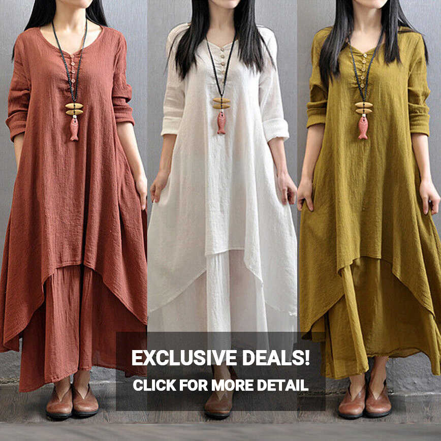 Boho Cotton Linen Dress Women Long Sleeve Maxi Dress Sundress ...