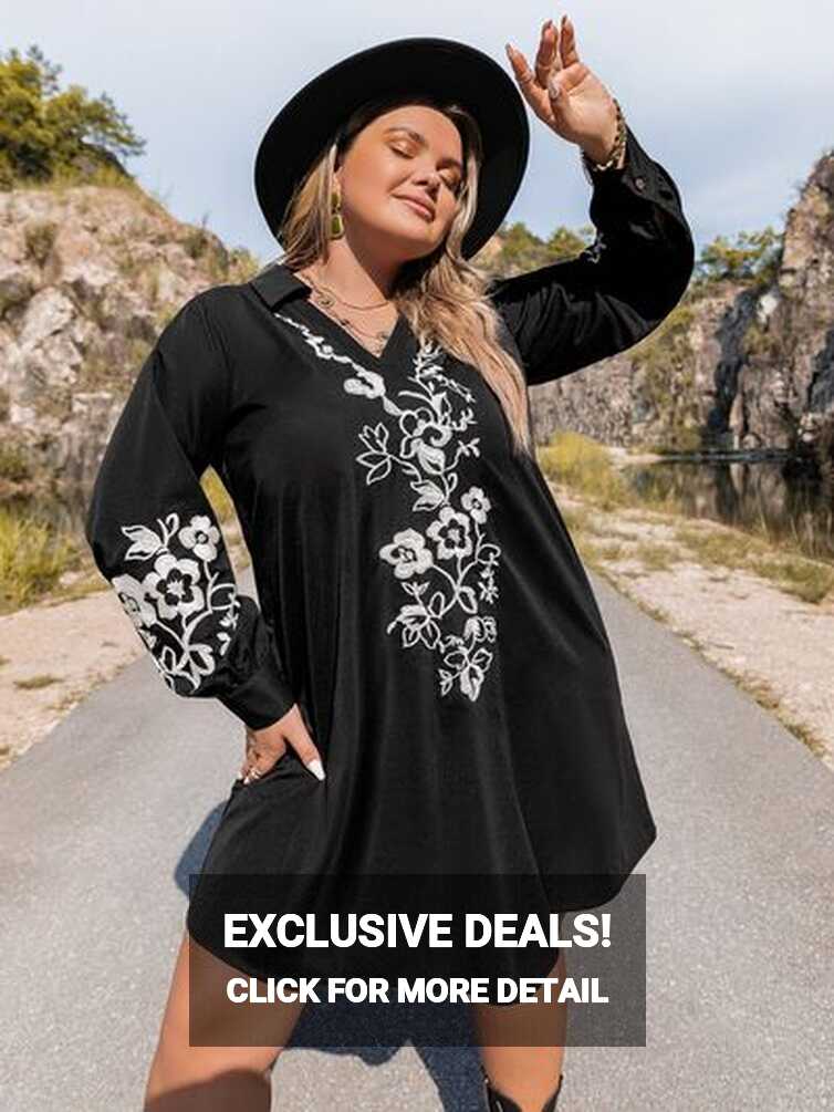 Boho Cowgirl Plus Size Embroidered Long Sleeve Mini Dress | Baha ...