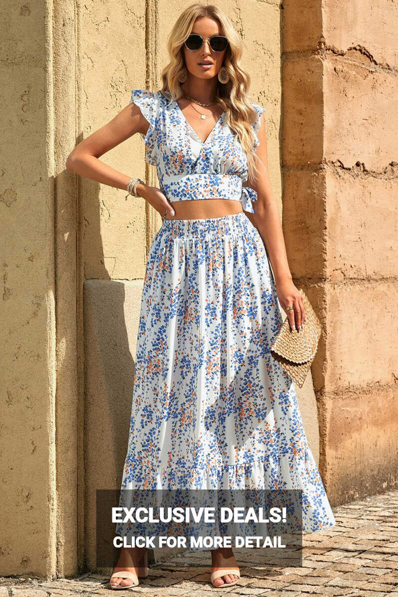 Boho Floral Printed Tie Back Cropped Top and Maxi Skirt Set ...