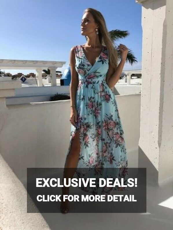 Boho Floral V-neck Maxi Dress for Women - Beach Algeria | Ubuy