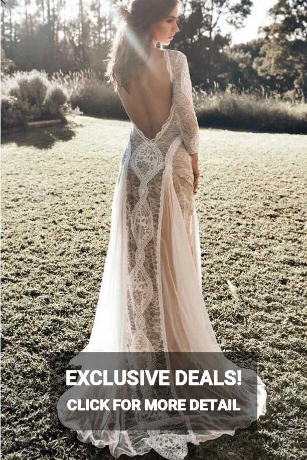 Boho Lace Boho Lace Wedding Dress With Open Back Long Sleeves ...