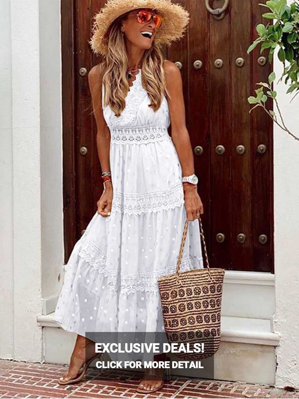 Boho Lace Dress Women White Beach Long Dress Summer Casual ...