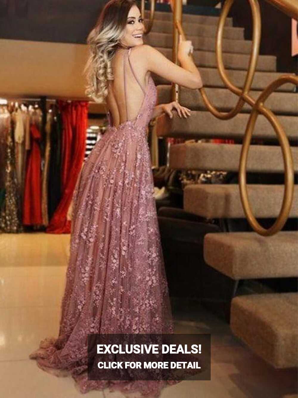 Boho Lace Long Low Back A-line Summer Prom Dress Evening Dress