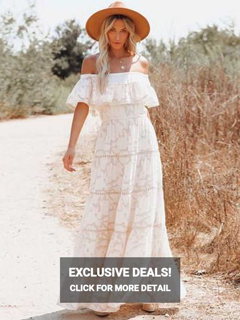 Boho Maxi Dress Off Shoulder White Flower A-line Layered Hem Long ...