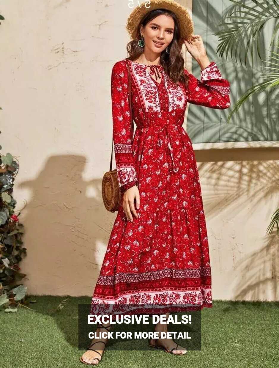 Boho Maxi Dress Size 10 12 M Long Sleeve Gypsy Floral Summer ...