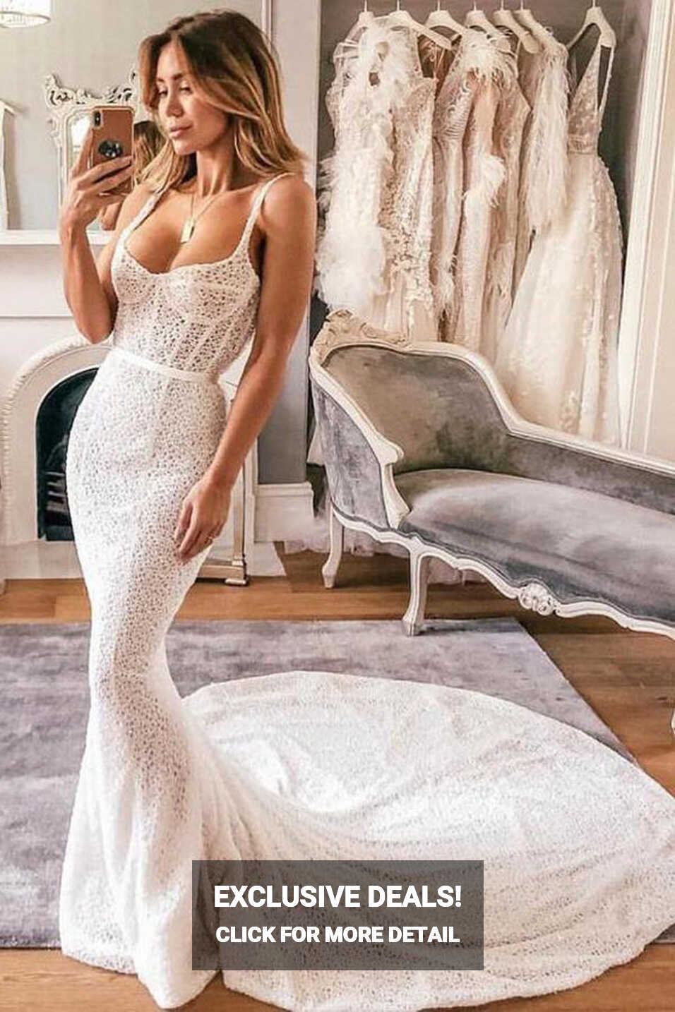 Boho Mermaid Scoop Neck Open Back Ivory Lace Wedding Dresses with ...