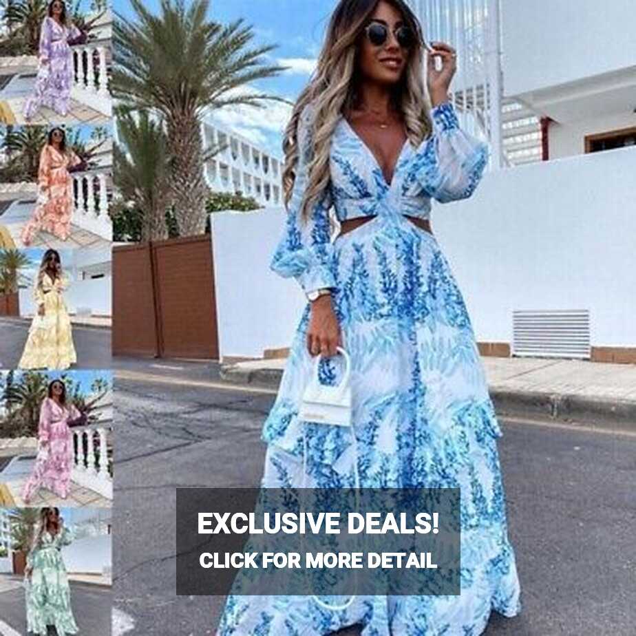 Boho Printed High Waist Long Sleeve Chiffon Dress Women Beach ...