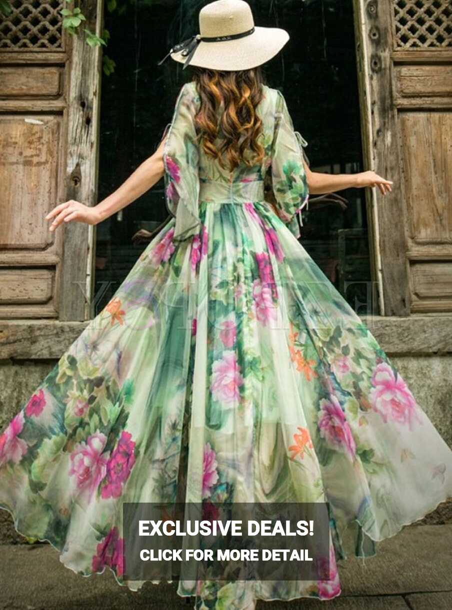 Boho Short Sleeve Floral Print Chiffon Maxi Dress