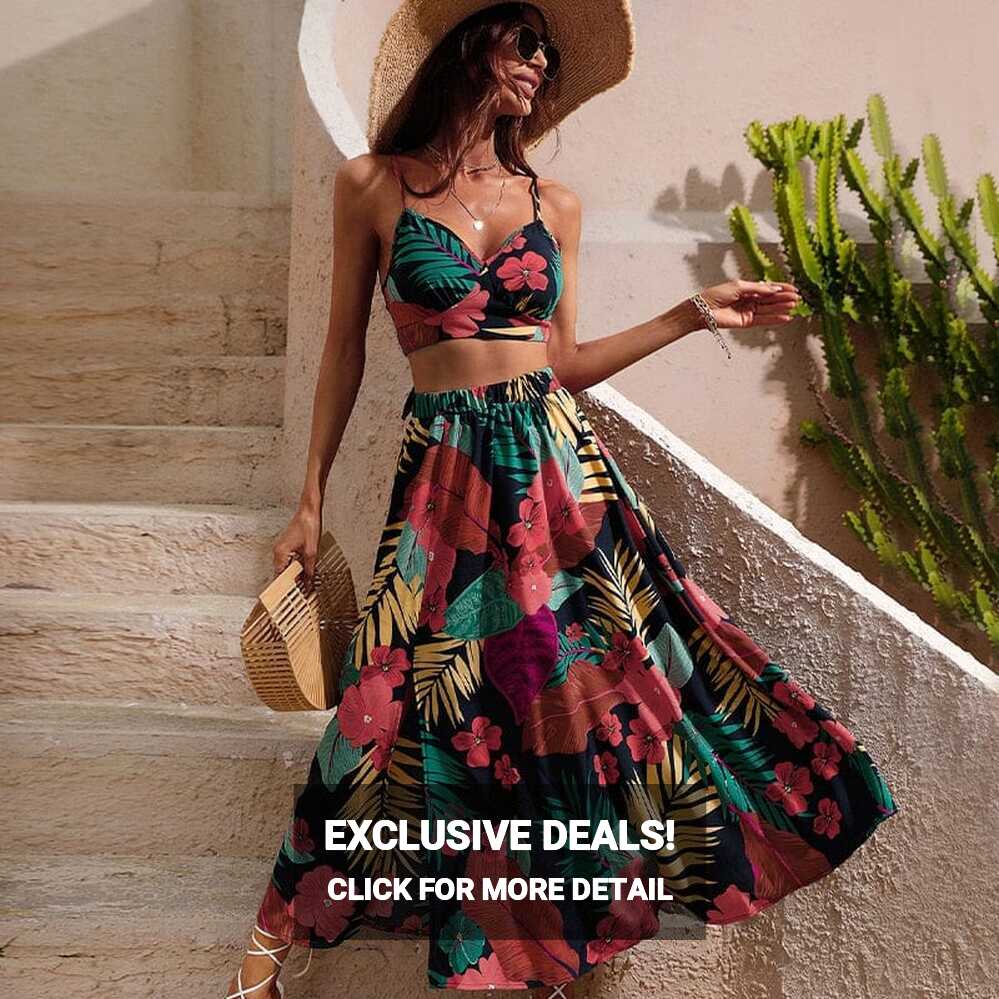 Boho Style Floral Two Piece Crop Top and Skirt Set – Boho Beach Hut